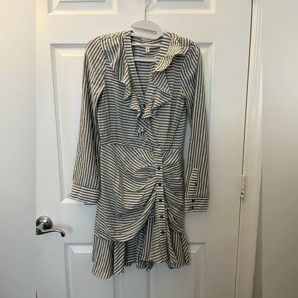 Veronica Beard Kai Blue & White Striped Ruffle Button Front Mini Dress - Picture 3 of 6